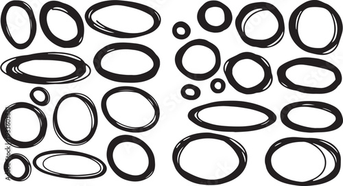 A playful set of black ink hand-drawn circles and ovals in various sizes, featuring a messy, multi-stroke DIY aesthetic for highlights and annotations.