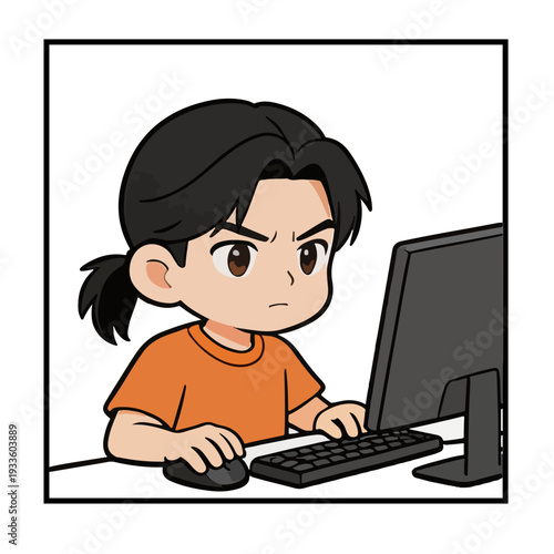 Serious Esports Pro Gamer with Ponytail Playing on PC – Competitive Gaming Illustration