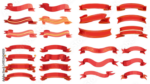 Red ribbon banner set with curled and waving strips, hand drawn watercolor style decorative labels and scrolls, isolated on white background for sale and promo design