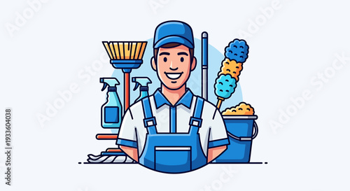 Cheerful Professional Cleaner Illustration with Essential Tools Ready for Comprehensive Hygiene Services and Maintenance Tasks