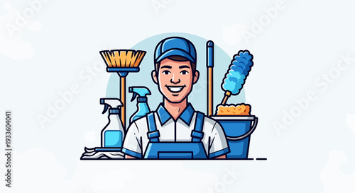 Friendly professional cleaner illustration, complete with a comprehensive array of cleaning tools, symbolizing dedicated service and a commitment to a spotless, hygienic environment