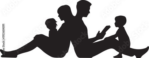 Black silhouette of family with parents and two children sitting on floor