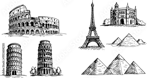 Hand-drawn sketch collection of famous global landmarks: Colosseum, Eiffel Tower, Pyramids, and Leaning Tower of Pisa illustrations.
