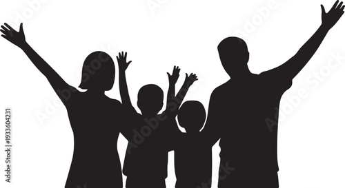 Black silhouette of family with two adults and two children raising their hands