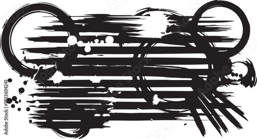 A complex arrangement of black geometric elements featuring concentric rings, horizontal speed streaks, and ink splatters on a white background for an edgy, technical aesthetic.