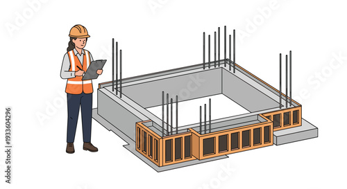 A female construction worker in an orange vest and hard hat is diligently inspecting a concrete foundation with exposed rebar and wooden formwork.
