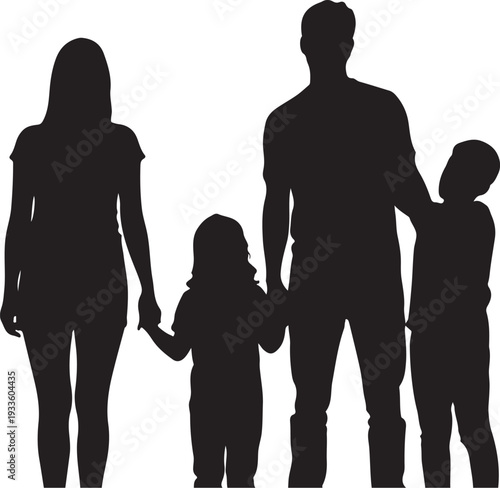 Black silhouette of family with two children holding hands