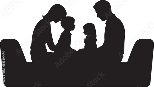 Black silhouette of family with two children sitting on couch