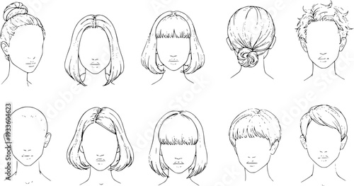 Detailed line art collection of diverse hairstyles for men and women, featuring various cuts, updos, and short, medium, long hair in black  white outline drawings.