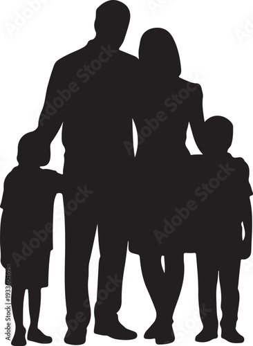 Black silhouette of family with two children white background