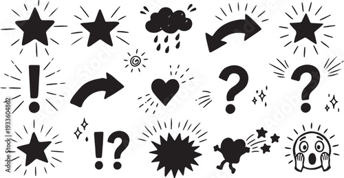 A collection of black hand-drawn comic book icons on a white background, featuring stars, question marks, exclamation points and weather symbols with expressive radial lines for sketchy aesthetics.