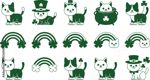 St Patrick's Day cat silhouettes set, shamrock rainbow and leprechaun hat, Irish holiday vector illustration collection