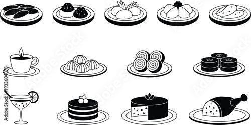 Dessert silhouette set, cakes pastries sweets and coffee cup icons, bakery food vector illustration collection