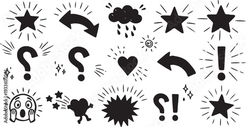 A collection of black hand-drawn comic book icons on a white background, featuring stars, question marks, exclamation points and weather symbols with expressive radial lines for sketchy aesthetics.