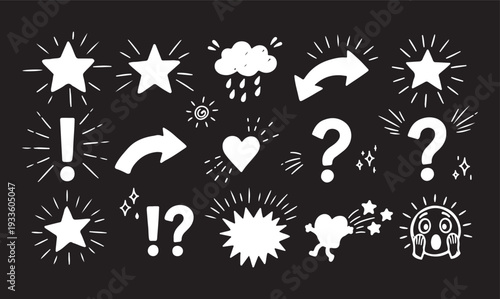 A dynamic collection of white hand-drawn comic book icons on a black background, featuring glowing stars, question marks, exclamation points, and weather symbols with expressive radial lines.