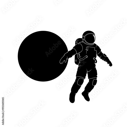 Astronaut Floating Near a Large Planet Silhouette in Outer Space