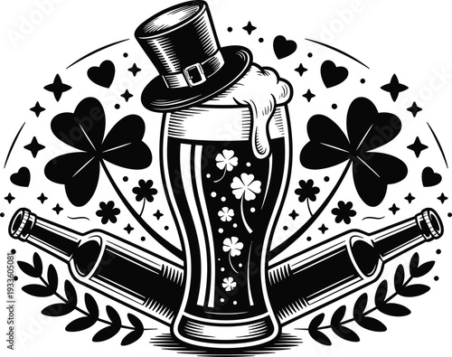 St Patrick's Day beer illustration, shamrock pint glass with leprechaun hat, vintage Irish celebration vector design