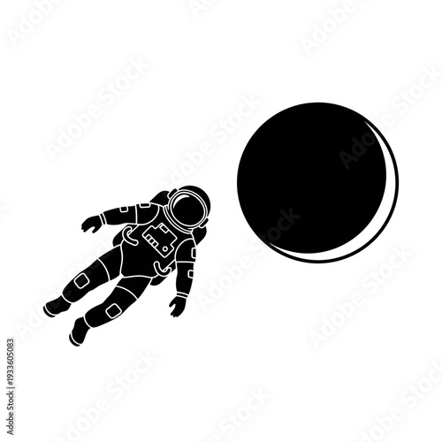 Cosmonaut Floating in the Vacuum of Outer Space with a Black Planet