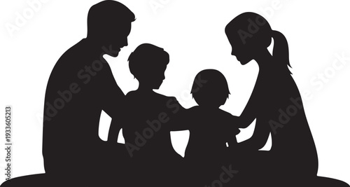 Black silhouette of family with two children white background