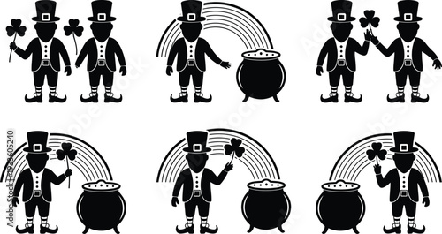 St Patrick's Day leprechaun with shamrock and pot of gold silhouettes, Irish festive vector illustration set