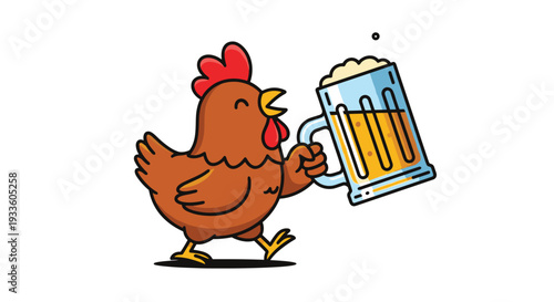 A cute brown cartoon chicken with a red comb is happily walking while holding a large glass mug of foamy beer on a white background.