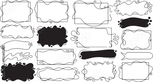 A playful set of hand-drawn abstract borders featuring liquid blobs, wavy lines, and organic shapes in both solid black and minimalist outlines.