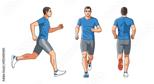 Three detailed views of a male runner wearing a blue t-shirt and grey shorts, shown from the side, front, and back, on a white background.