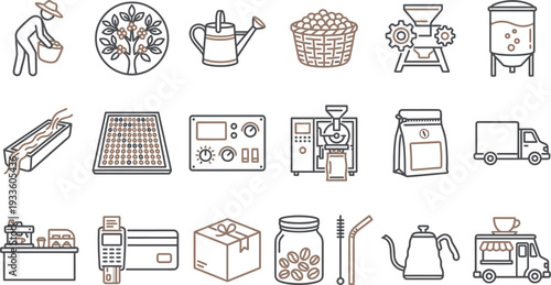 Detailed line art icons illustrating the complete coffee production process from farm to cup.