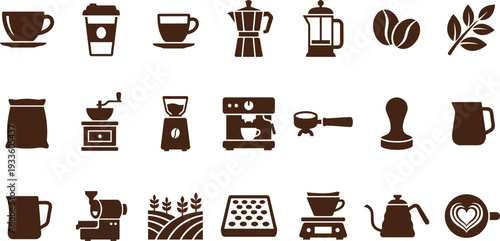 Different brown vector icons illustrating coffee beans, cups, brewing equipment, and latte art.