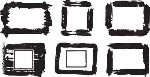 A set of grungy, hand-painted black ink frames and borders with distressed textures and thick brush strokes, perfect for vintage or urban designs.