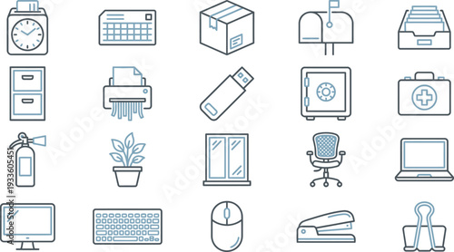 A comprehensive collection of essential office supplies and workplace items as line icons.