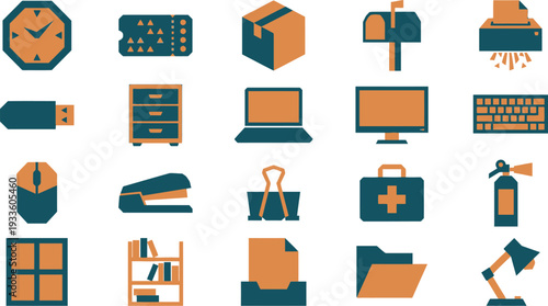 Collection of stylized orange and teal vector icons representing essential modern office supplies and technology.