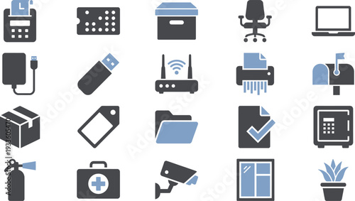 Collection of monochrome office equipment icons representing various professional tools and assets.