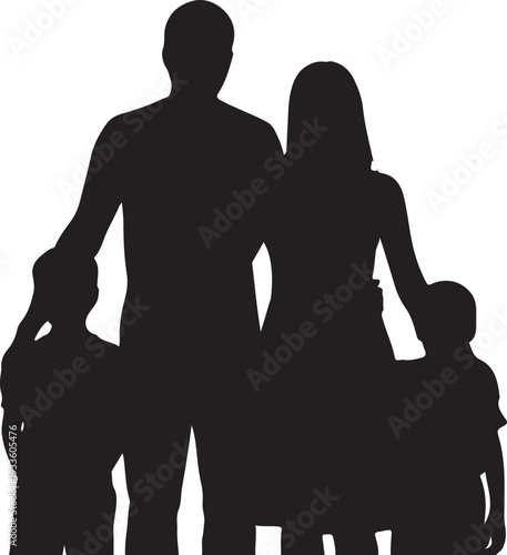 Black silhouette of family with two children white background