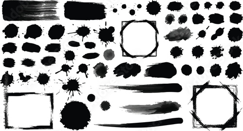 A massive collection of high-contrast black ink splatters, paint drips, textured blobs, and grunge brush strokes with decorative frames for distressed designs.