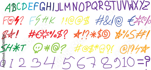 Hand drawn collection of colorful alphabet letters numbers and various symbols showing censorship or expressive characters.