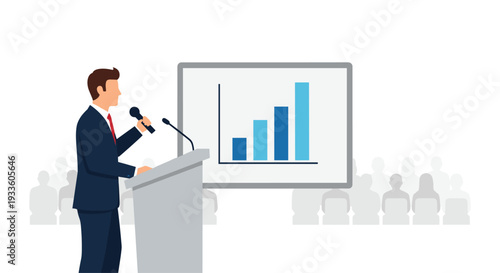A professional male speaker presents a business bar chart on a large screen to a silhouetted audience from a grey podium.
