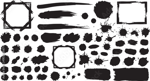 A massive collection of high-contrast black ink splatters, paint drips, textured blobs, and grunge brush strokes with decorative frames for distressed designs.