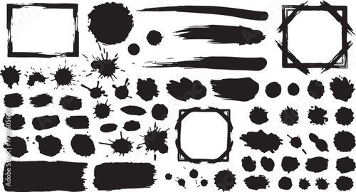 A massive collection of high-contrast black ink splatters, paint drips, textured blobs, and grunge brush strokes with decorative frames for distressed designs.