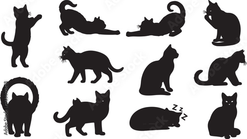 A versatile set of black cat silhouettes featuring various feline poses including stretching, sitting, walking, sleeping, and playful Halloween-style characters.