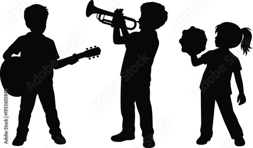 Silhouette of children playing guitar, trumpet and tambourine isolated on white background, kids music band performance and education concept