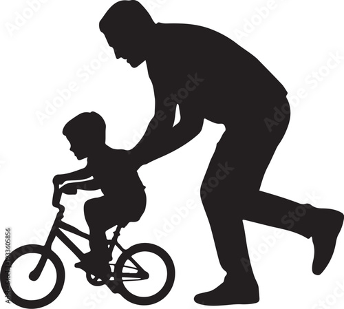 Black silhouette of man helping child ride bike bicycle