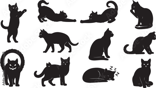 A versatile set of black cat silhouettes featuring various feline poses including stretching, sitting, walking, sleeping, and playful Halloween-style characters.