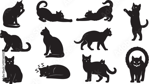 A versatile set of black cat silhouettes featuring various feline poses including stretching, sitting, walking, sleeping, and playful Halloween-style characters.