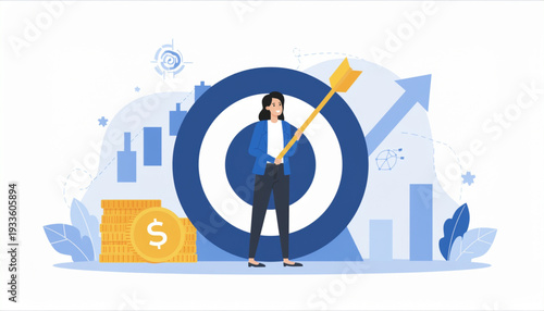 Modern Business Leader Vector Illustration – Strategy Concept with Graphs, Arrows, and Target Icon, Professional Corporate Flat Design