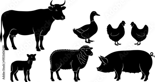 Farm animal silhouettes collection, cow pig sheep chicken duck vector illustration, livestock agriculture black silhouette set design