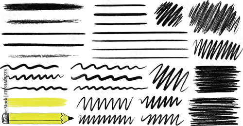 Hand drawn underline set. Marker brush strokes collection. Scribble doodle lines for text highlight. Black ink sketch dividers.