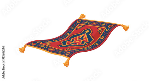 A red magic carpet with intricate blue and gold patterns and yellow tassels floats, curving gracefully in mid-air.
