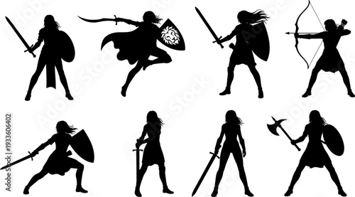 Female warrior silhouette set, fantasy fighter character collection, sword shield archer poses vector, isolated white background illustration
