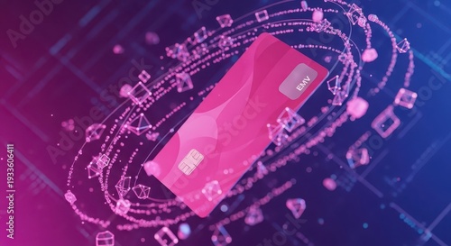 Digitally enhanced payment card floats within a swirling vortex of abstract geometric data particles